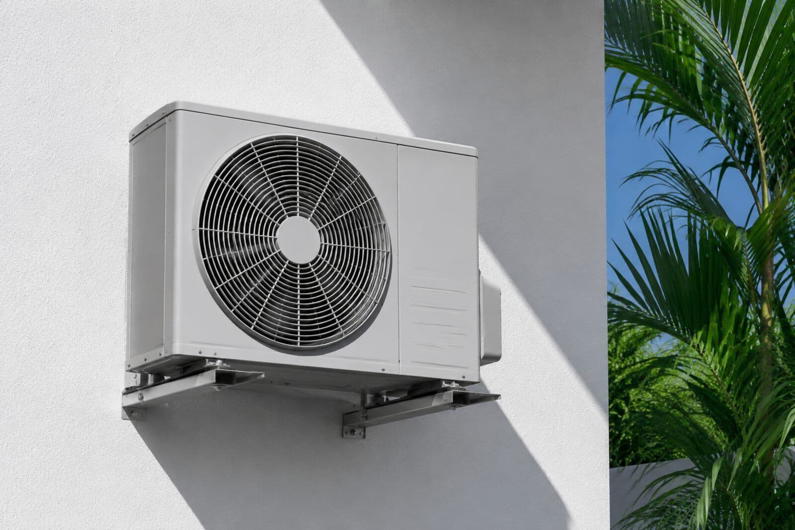 Groupe extérieur de climatisation fixé sur une façade blanche